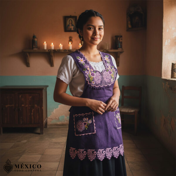 Purple Mexican Embroidered Apron – Standard Kitchen Apron Floral Embroidery