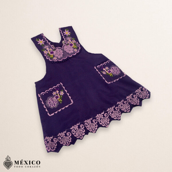 Purple Mexican embroidered standard kitchen apron featuring floral embroidery
