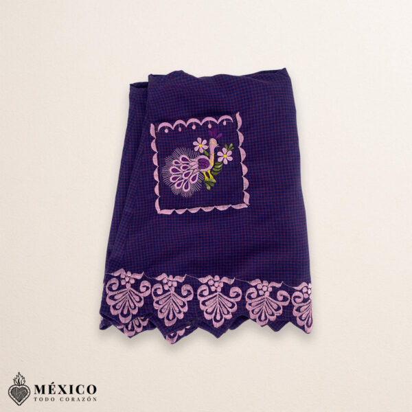 Purple Mexican embroidered standard kitchen apron featuring floral embroidery