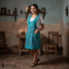 Turquoise Mexican embroidered standard kitchen apron featuring floral embroidery