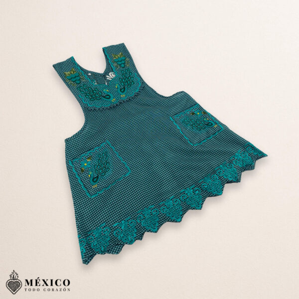Turquoise Mexican embroidered standard kitchen apron featuring floral embroidery