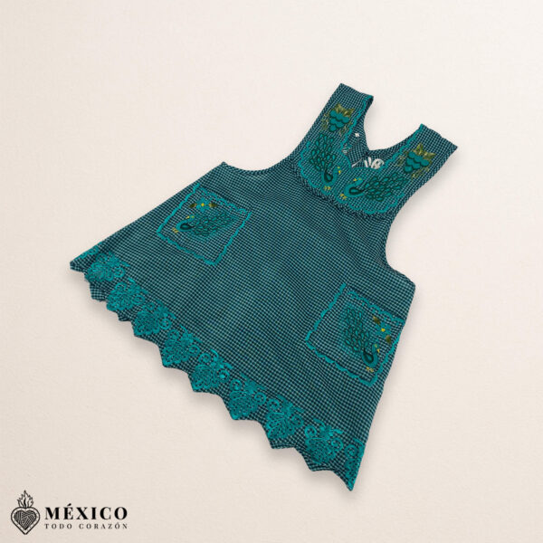 Turquoise Mexican embroidered standard kitchen apron featuring floral embroidery
