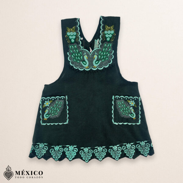 Green Mexican embroidered standard kitchen apron featuring floral embroidery