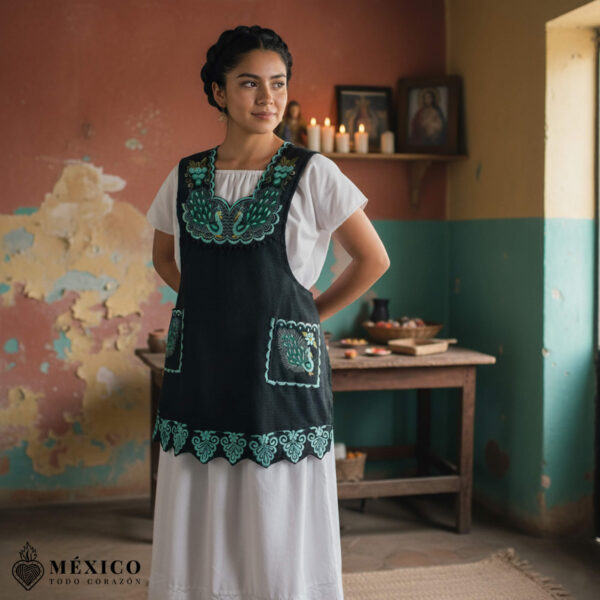 Green Mexican embroidered standard kitchen apron featuring floral embroidery