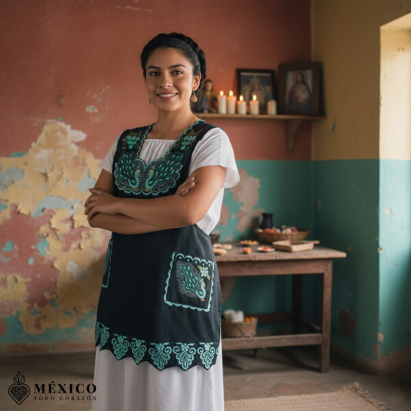 Green Mexican embroidered standard kitchen apron featuring floral embroidery