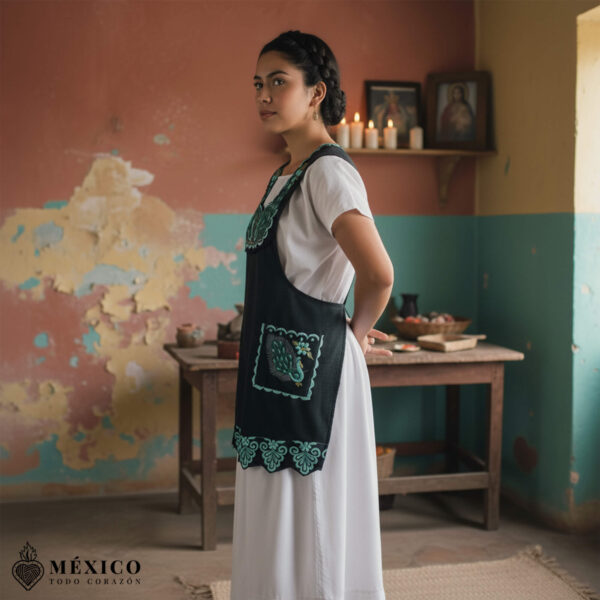 Green Mexican embroidered standard kitchen apron featuring floral embroidery
