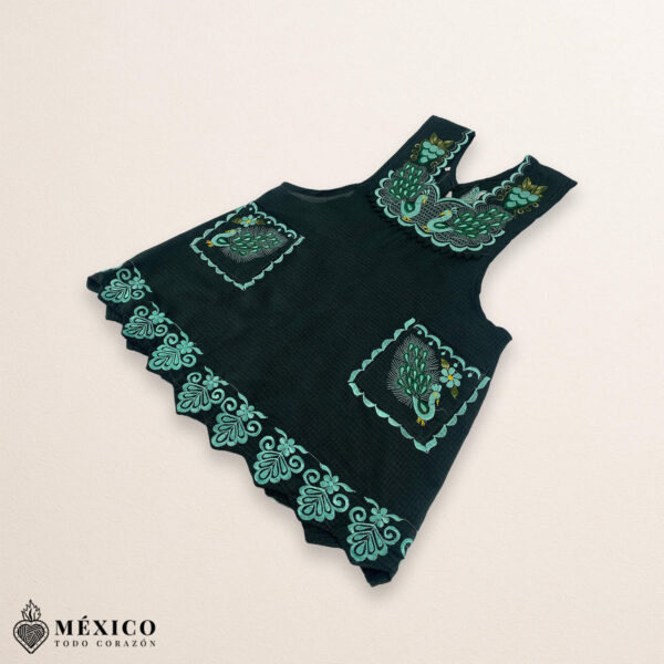 Green Mexican embroidered standard kitchen apron featuring floral embroidery