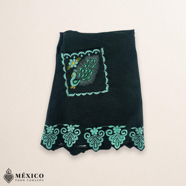 Green Mexican embroidered standard kitchen apron featuring floral embroidery