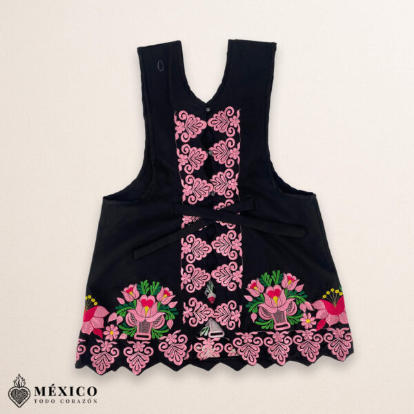 Black Mexican embroidered premium cotton blend apron featuring a pink floral design