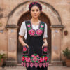 Black Mexican embroidered premium cotton blend apron featuring a pink floral design