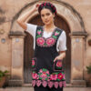 Black Mexican embroidered premium cotton blend apron featuring a pink floral design