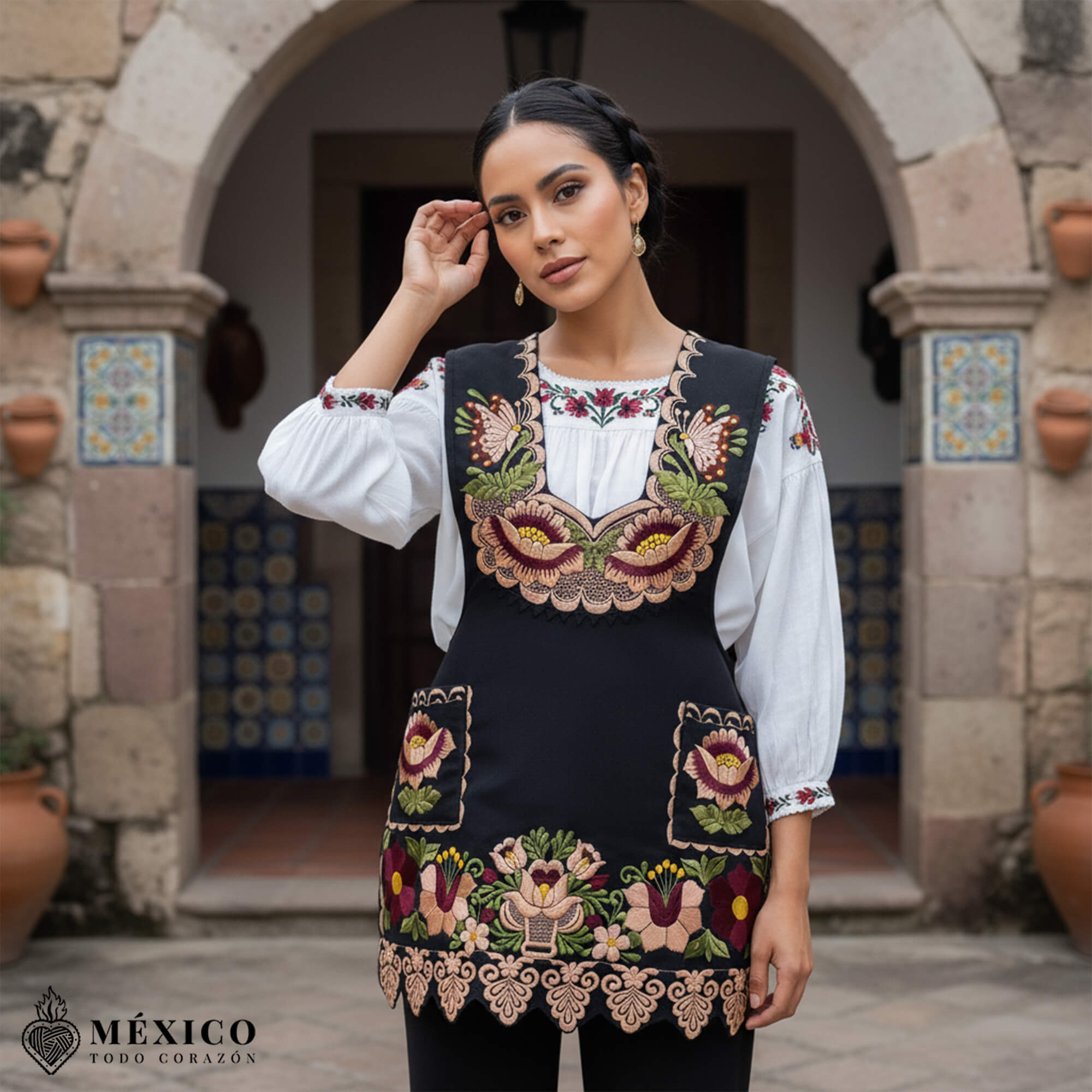 Black Mexican embroidered premium cotton blend apron featuring a beige floral design