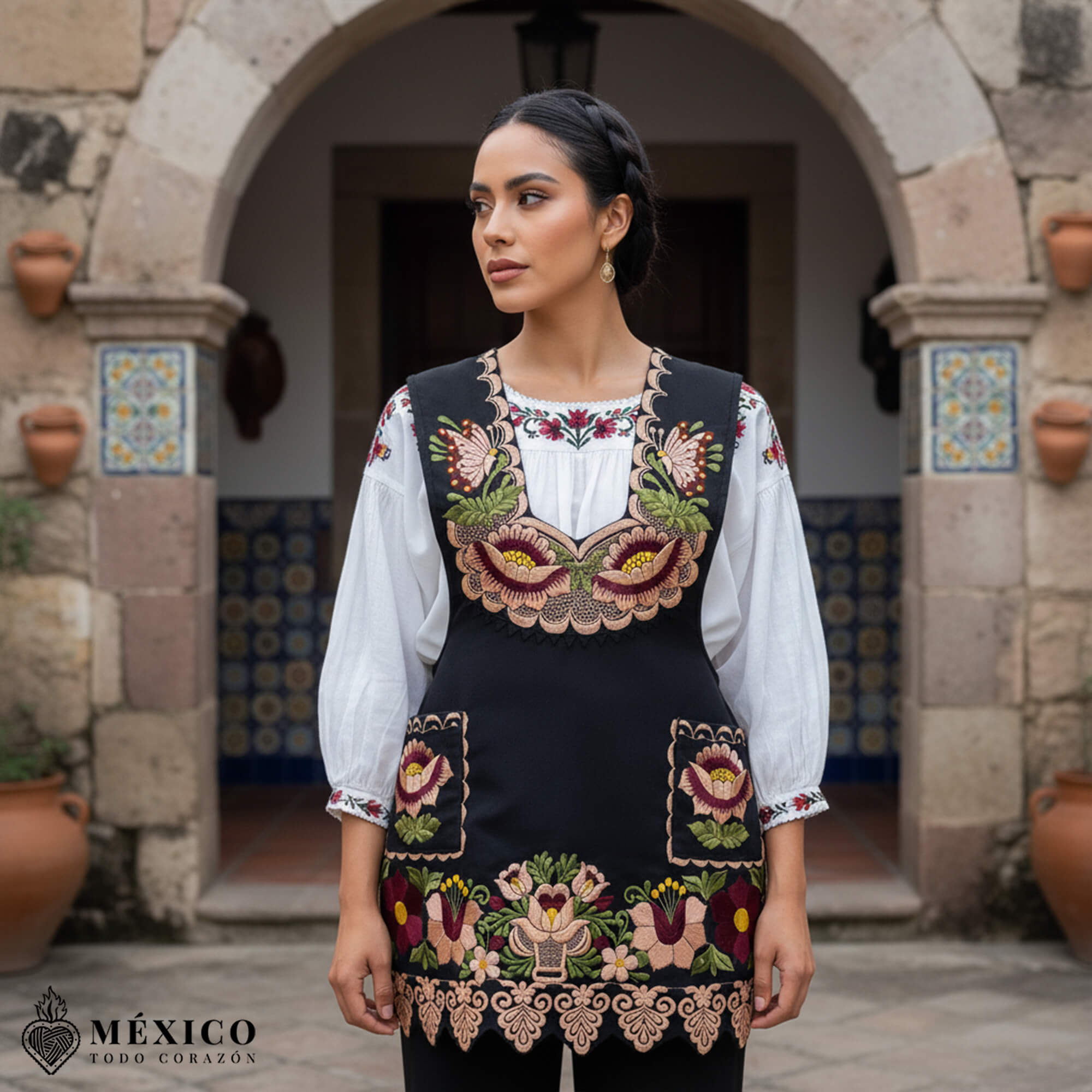 Black Mexican embroidered premium cotton blend apron featuring a beige floral design