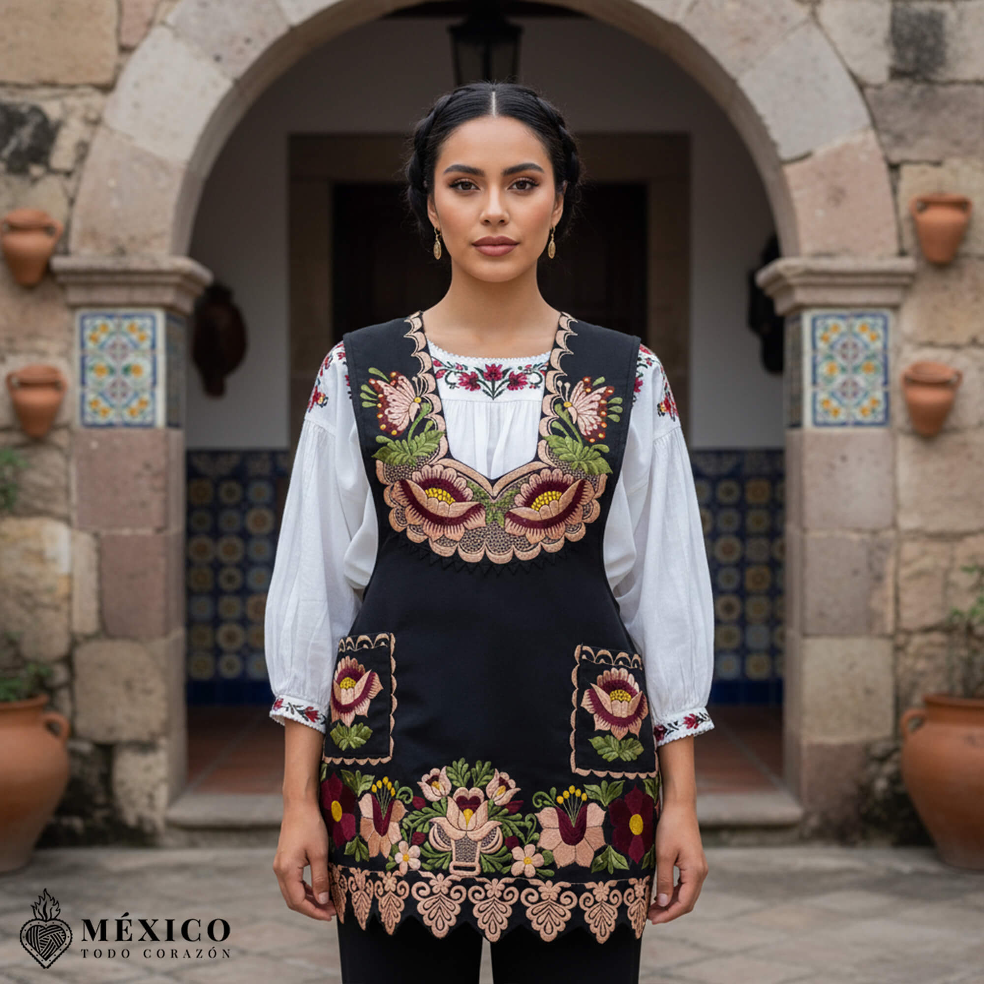 Black Mexican embroidered premium cotton blend apron featuring a beige floral design