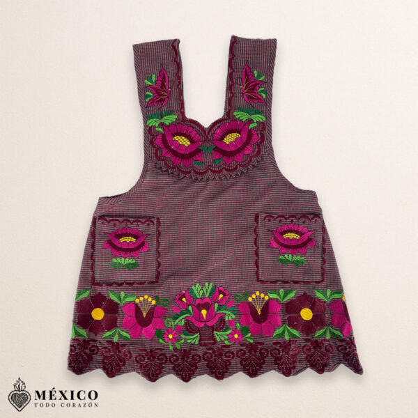 Pink Mexican embroidered premium cotton blend apron featuring a fuchsia floral design