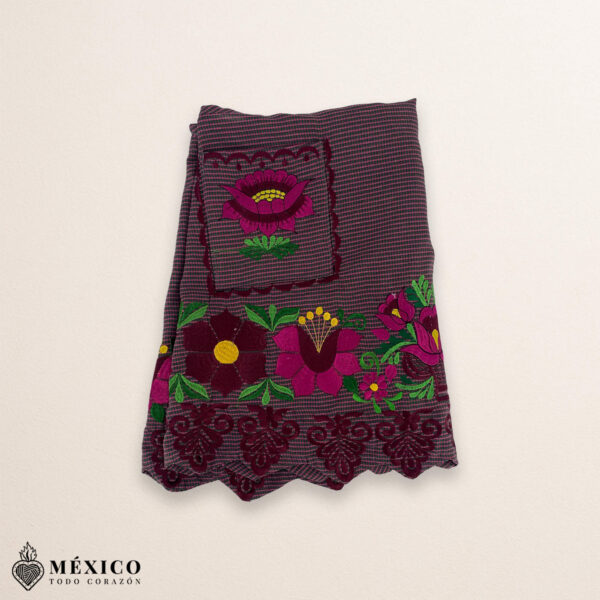 Pink Mexican embroidered premium cotton blend apron featuring a fuchsia floral design