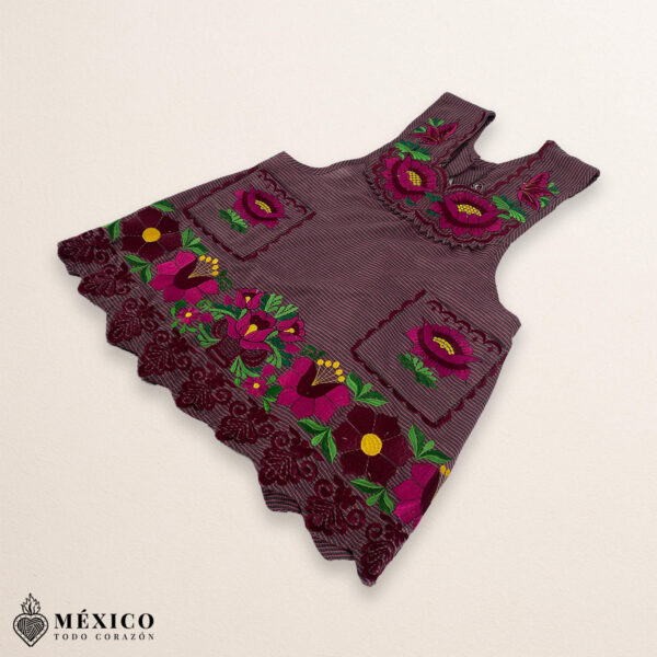 Pink Mexican embroidered premium cotton blend apron featuring a fuchsia floral design