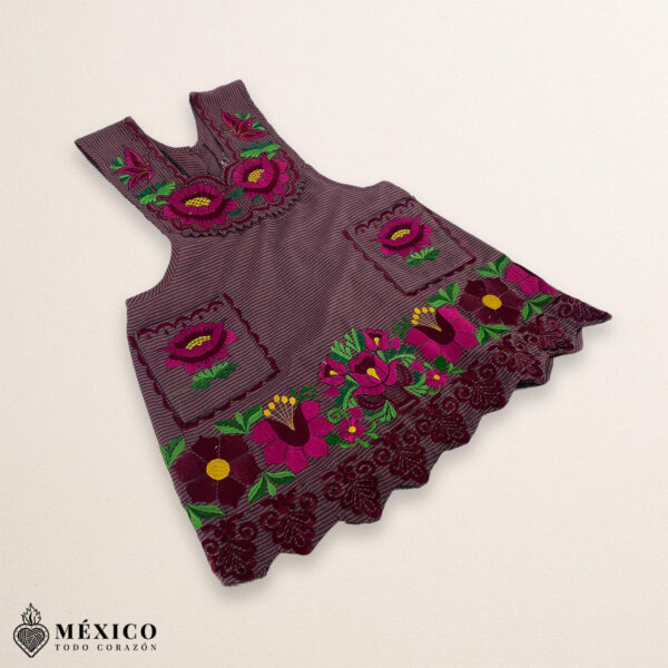 Pink Mexican embroidered premium cotton blend apron featuring a fuchsia floral design