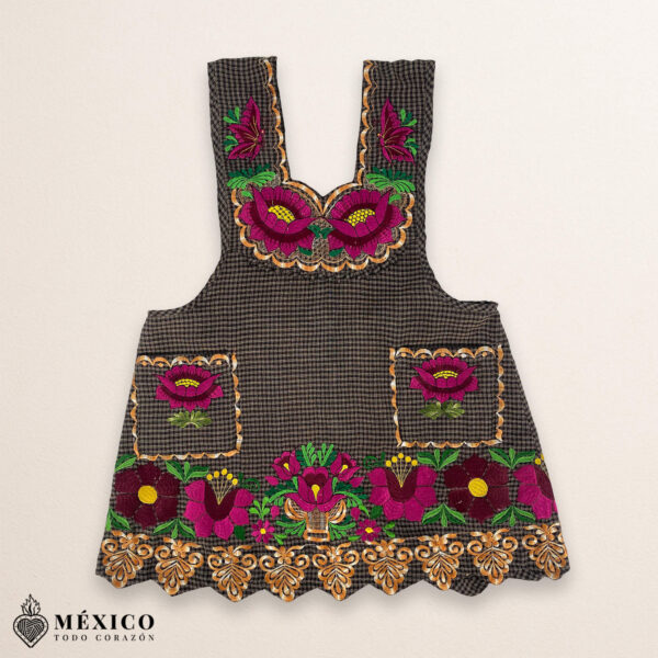 Brown Mexican embroidered premium cotton blend apron featuring a pink floral design