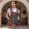 Brown Mexican embroidered premium cotton blend apron featuring a pink floral design