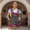 Brown Mexican embroidered premium cotton blend apron featuring a pink floral design