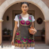 Brown Mexican embroidered premium cotton blend apron featuring a pink floral design