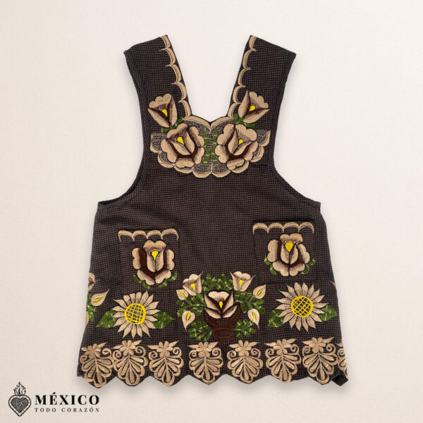 Brown Mexican embroidered premium cotton blend apron featuring a beige floral design