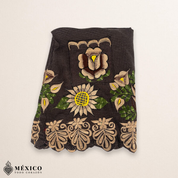 Brown Mexican embroidered premium cotton blend apron featuring a beige floral design