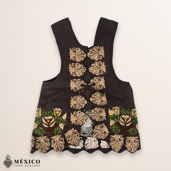 Brown Mexican embroidered premium cotton blend apron featuring a beige floral design