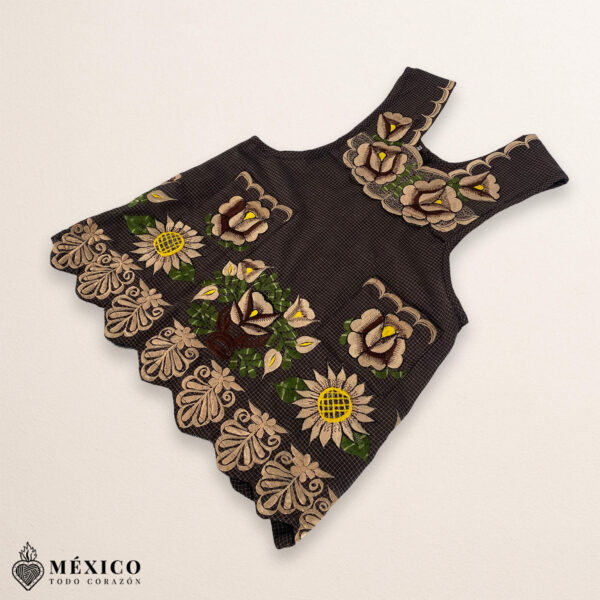 Brown Mexican embroidered premium cotton blend apron featuring a beige floral design