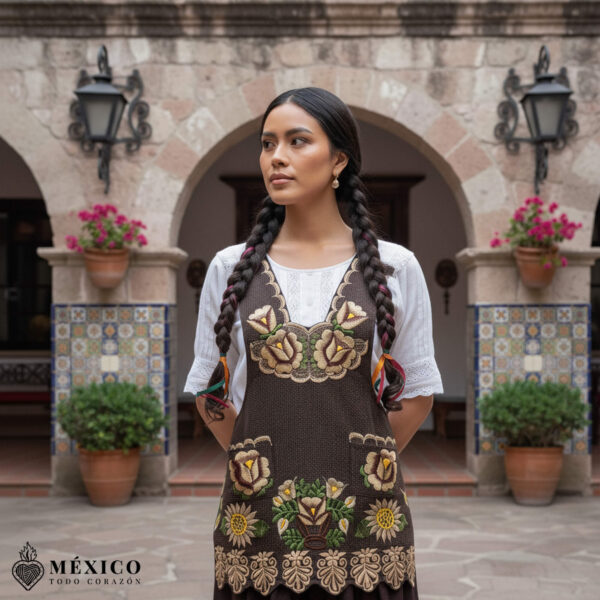 Brown Mexican embroidered premium cotton blend apron featuring a beige floral design