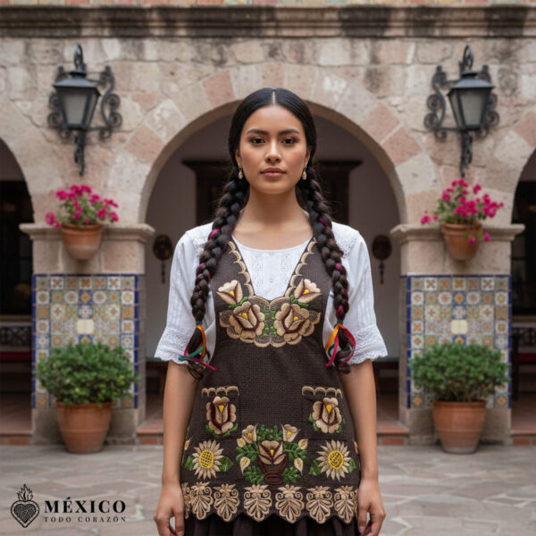 Brown Mexican embroidered premium cotton blend apron featuring a beige floral design