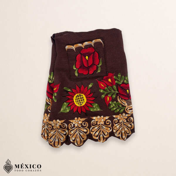 Brown Mexican embroidered premium cotton blend apron featuring a red floral design