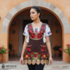 Brown Mexican embroidered premium cotton blend apron featuring a red floral design