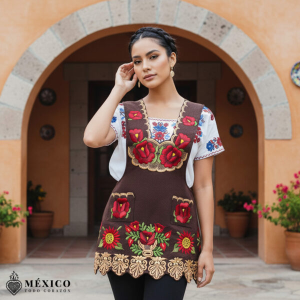 Brown Mexican embroidered premium cotton blend apron featuring a red floral design