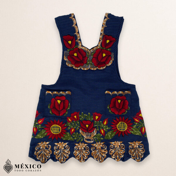 Blue Mexican embroidered premium cotton blend apron featuring a red floral design