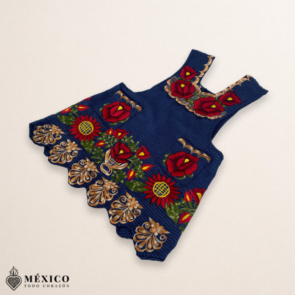 Blue Mexican embroidered premium cotton blend apron featuring a red floral design