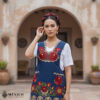Blue Mexican embroidered premium cotton blend apron featuring a red floral design