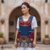 Blue Mexican embroidered premium cotton blend apron featuring a red floral design