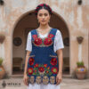 Blue Mexican embroidered premium cotton blend apron featuring a red floral design