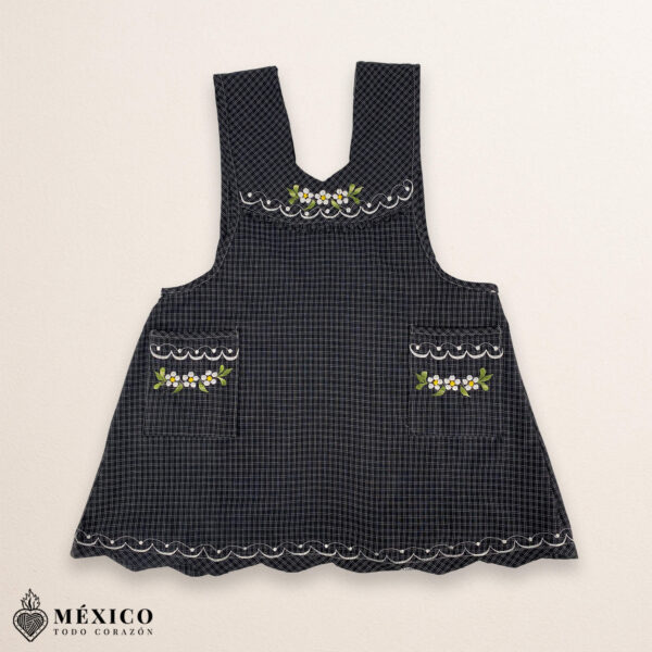 Gray Mexican embroidered essential cotton blend kitchen apron featuring a daisy floral design