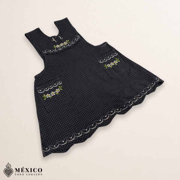 Gray Mexican embroidered essential cotton blend kitchen apron featuring a daisy floral design