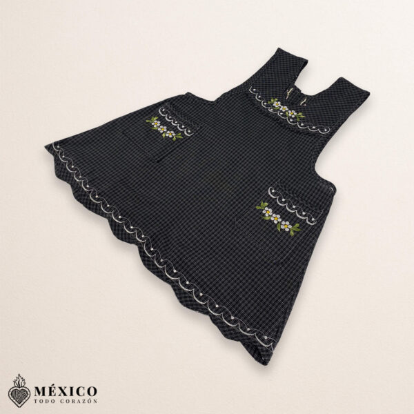 Gray Mexican embroidered essential cotton blend kitchen apron featuring a daisy floral design