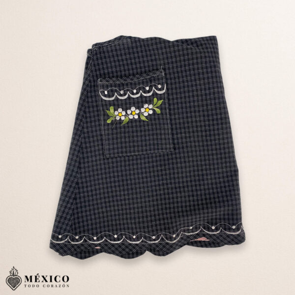 Gray Mexican embroidered essential cotton blend kitchen apron featuring a daisy floral design