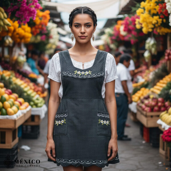 Gray Mexican embroidered essential cotton blend kitchen apron featuring a daisy floral design