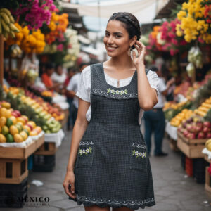 Gray Mexican embroidered essential cotton blend kitchen apron featuring a daisy floral design