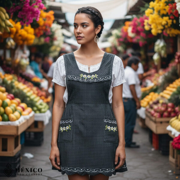 Gray Mexican embroidered essential cotton blend kitchen apron featuring a daisy floral design