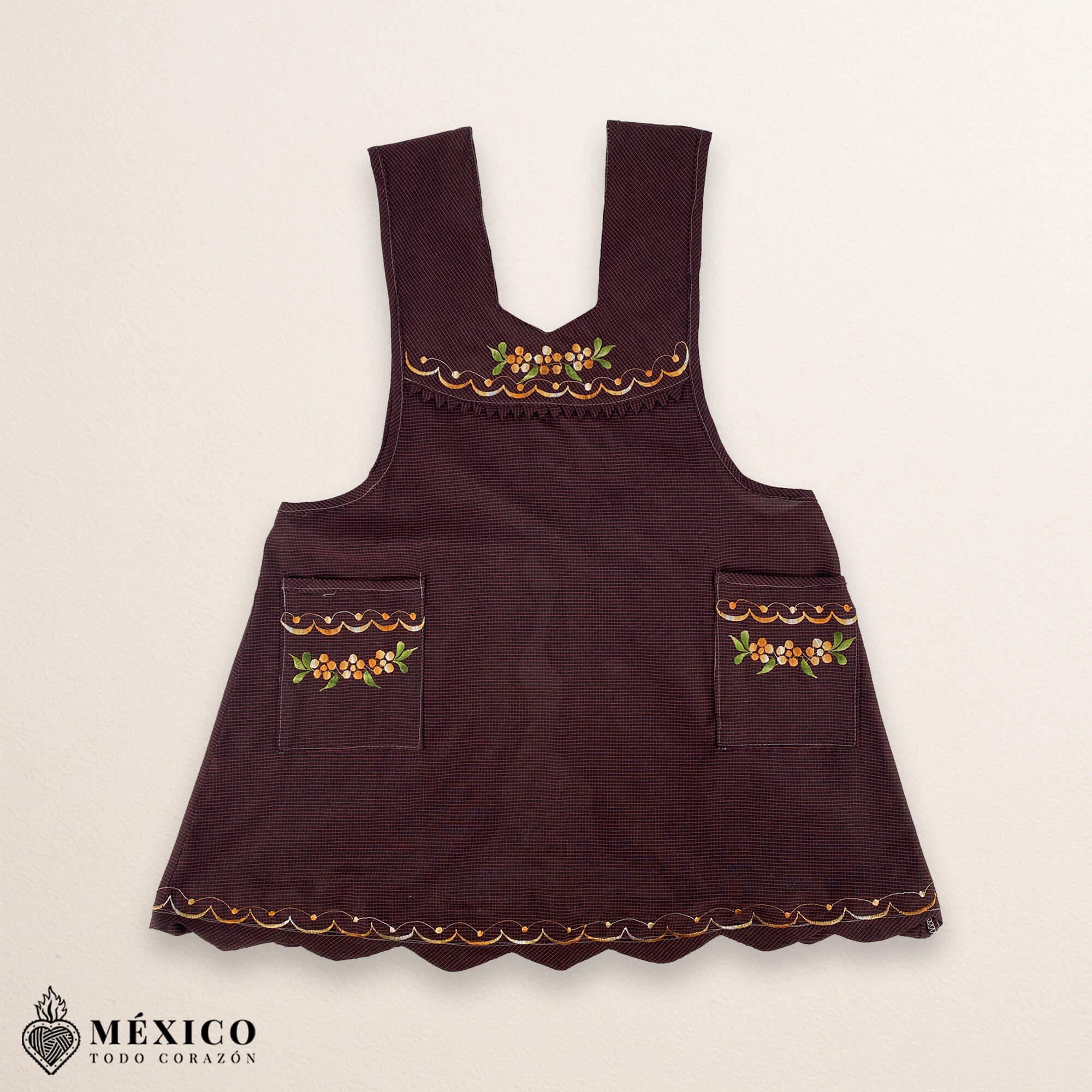 Dark burgundy Mexican embroidered essential cotton blend kitchen apron featuring a daisy floral design