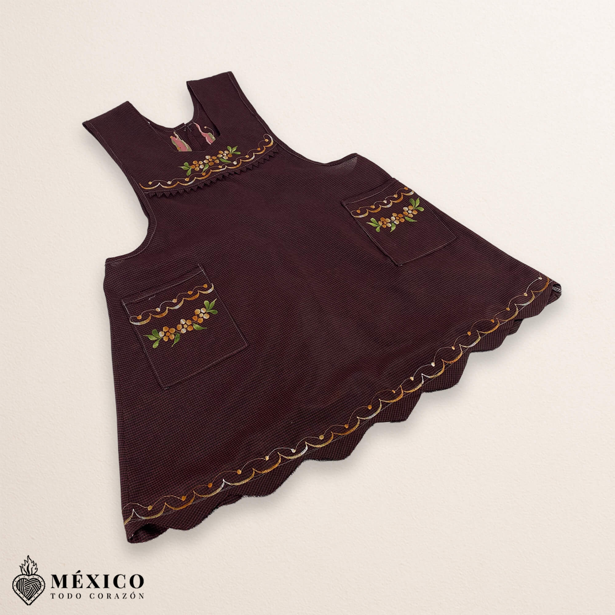 Dark burgundy Mexican embroidered essential cotton blend kitchen apron featuring a daisy floral design