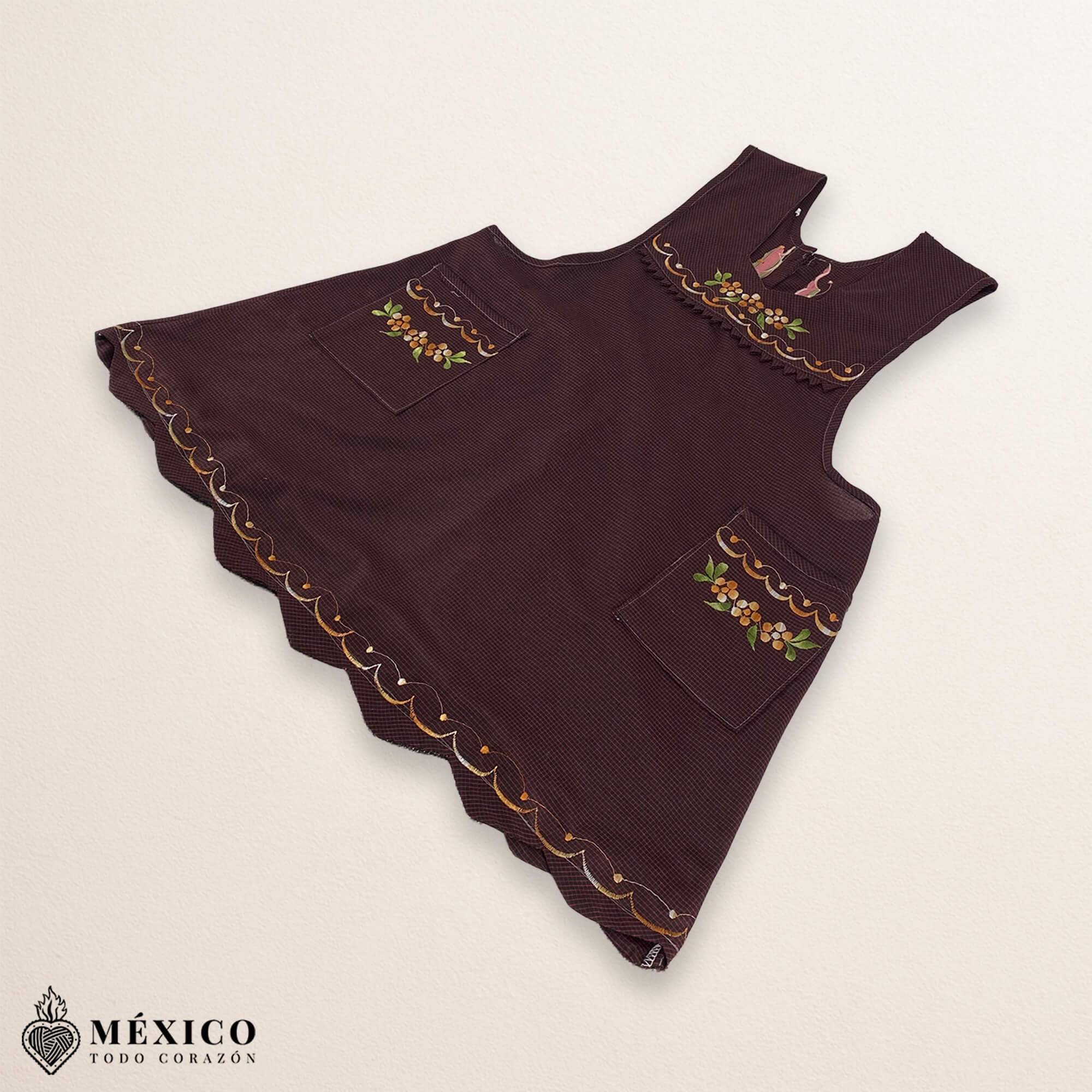 Dark burgundy Mexican embroidered essential cotton blend kitchen apron featuring a daisy floral design